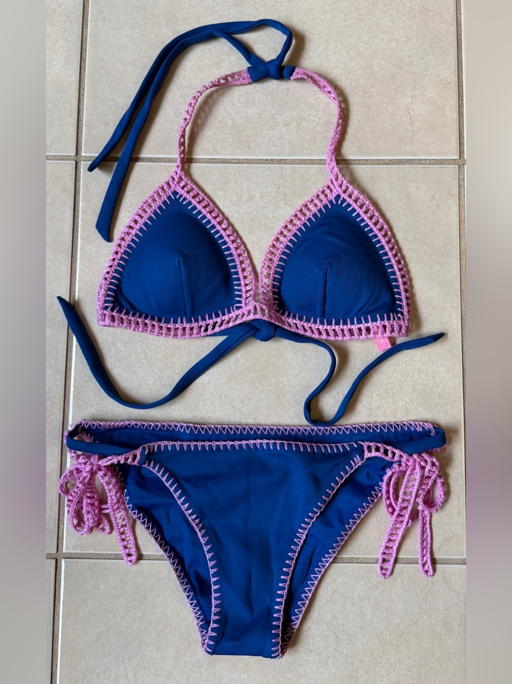 Victoria Secret Crochet Triangle Top String  M Swimsuit Bikini Blue Pink Beach